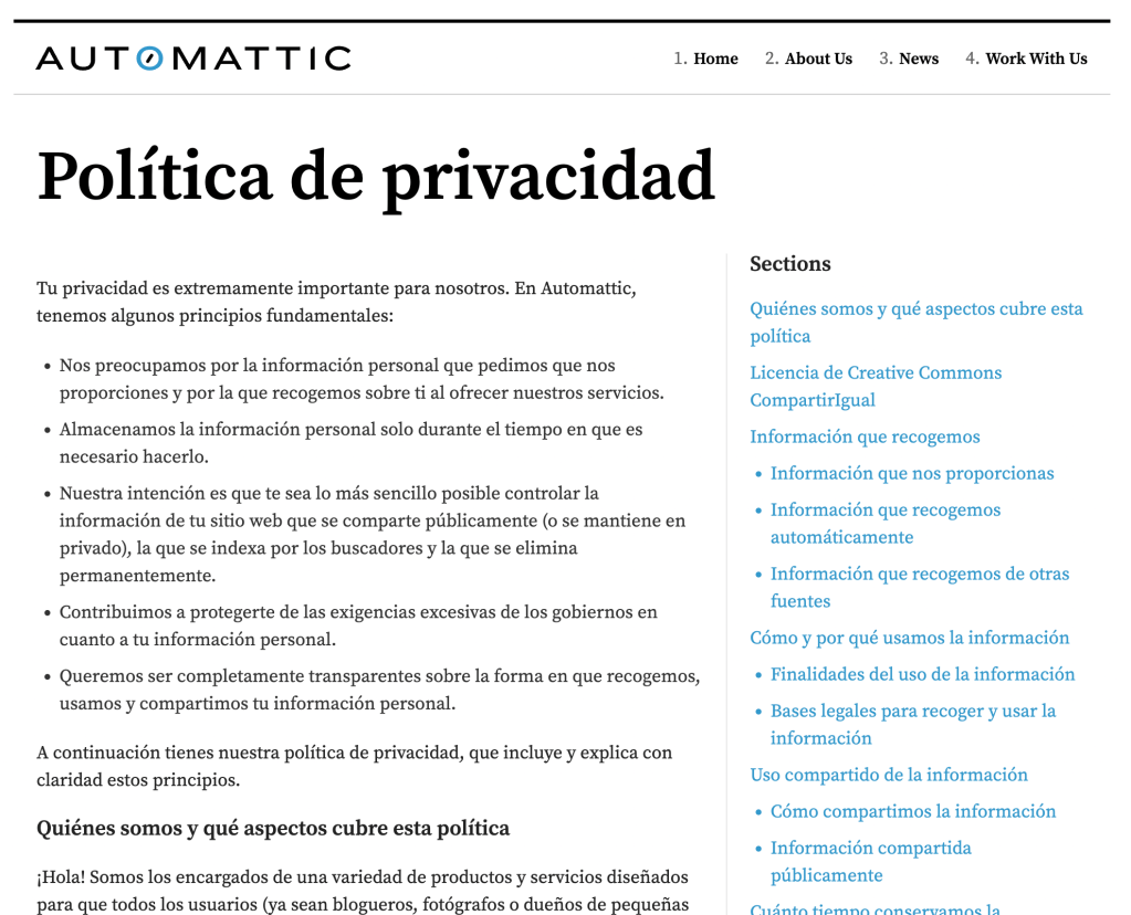 La página de la política de privacidad de Automattic